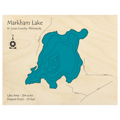 Bathymetric topo map of Markham Lake, MN with roads, towns and depths noted in blue water.