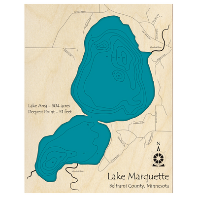 Bathymetric topo map of Lake Marquette, MN with roads, towns and depths noted in blue water.