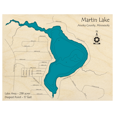Bathymetric topo map of Martin Lake, MN with roads, towns and depths noted in blue water.