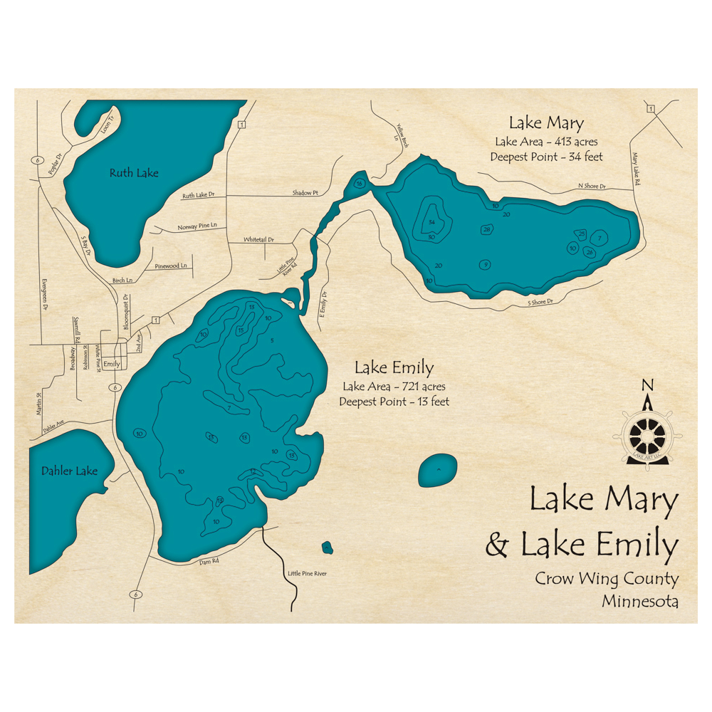 Bathymetric topo map of Lake Mary and Lake Emily, MN with roads, towns and depths noted in blue water.