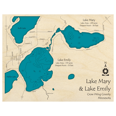 Bathymetric topo map of Lake Mary and Lake Emily, MN with roads, towns and depths noted in blue water.