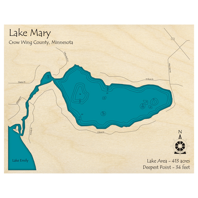 Bathymetric topo map of Lake Mary, MN with roads, towns and depths noted in blue water.