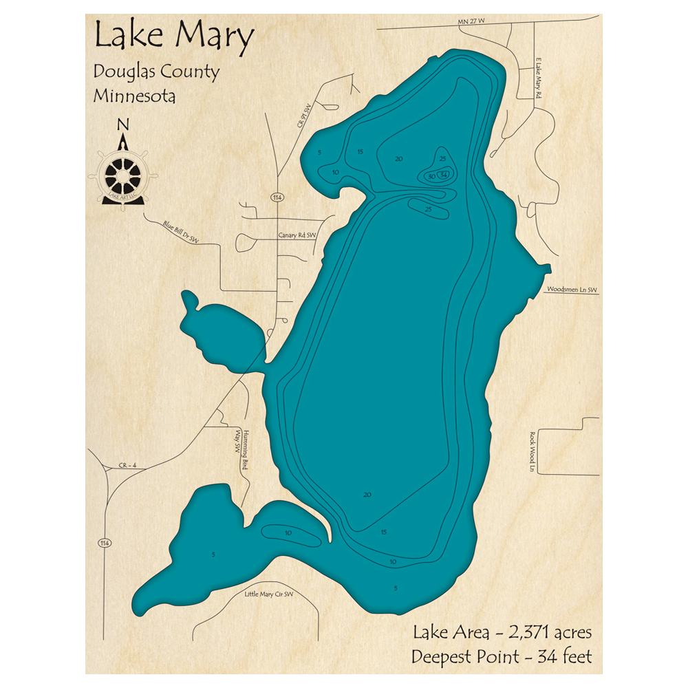 Bathymetric topo map of Lake Mary, MN with roads, towns and depths noted in blue water.