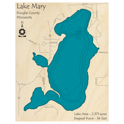Bathymetric topo map of Lake Mary, MN with roads, towns and depths noted in blue water.