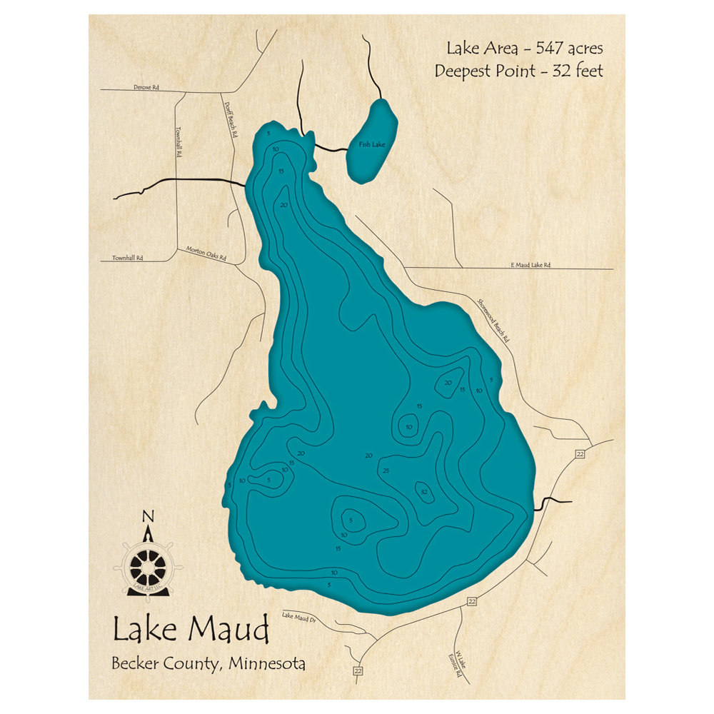 Bathymetric topo map of Maud Lake, MN with roads, towns and depths noted in blue water.