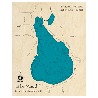 Bathymetric topo map of Maud Lake, MN with roads, towns and depths noted in blue water.