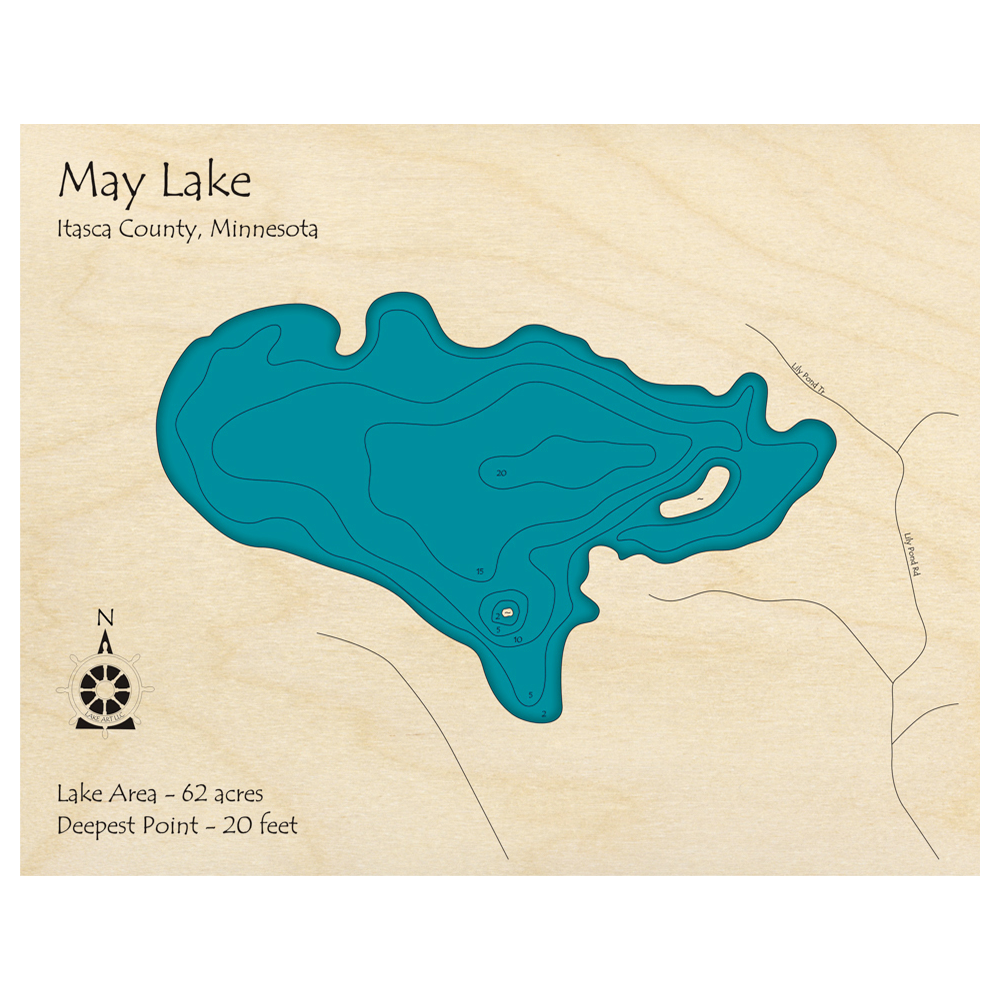 Bathymetric topo map of May Lake, MN with roads, towns and depths noted in blue water.