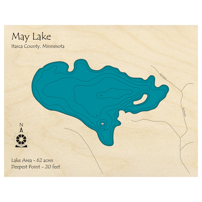 Bathymetric topo map of May Lake, MN with roads, towns and depths noted in blue water.
