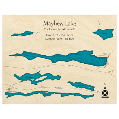 Bathymetric topo map of Mayhew Lake, MN with roads, towns and depths noted in blue water.