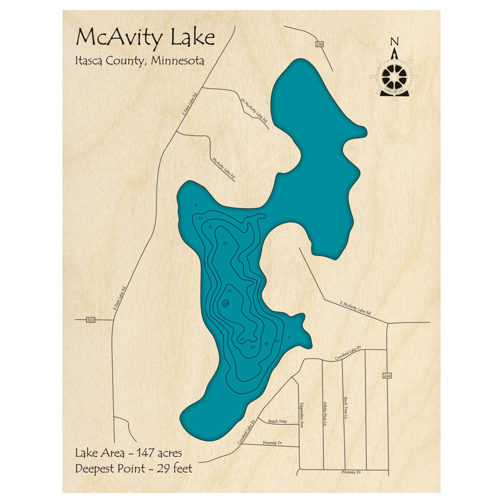 Bathymetric topo map of McAvity Lake, MN with roads, towns and depths noted in blue water.