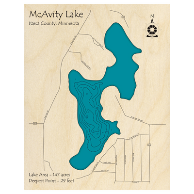 Bathymetric topo map of McAvity Lake, MN with roads, towns and depths noted in blue water.