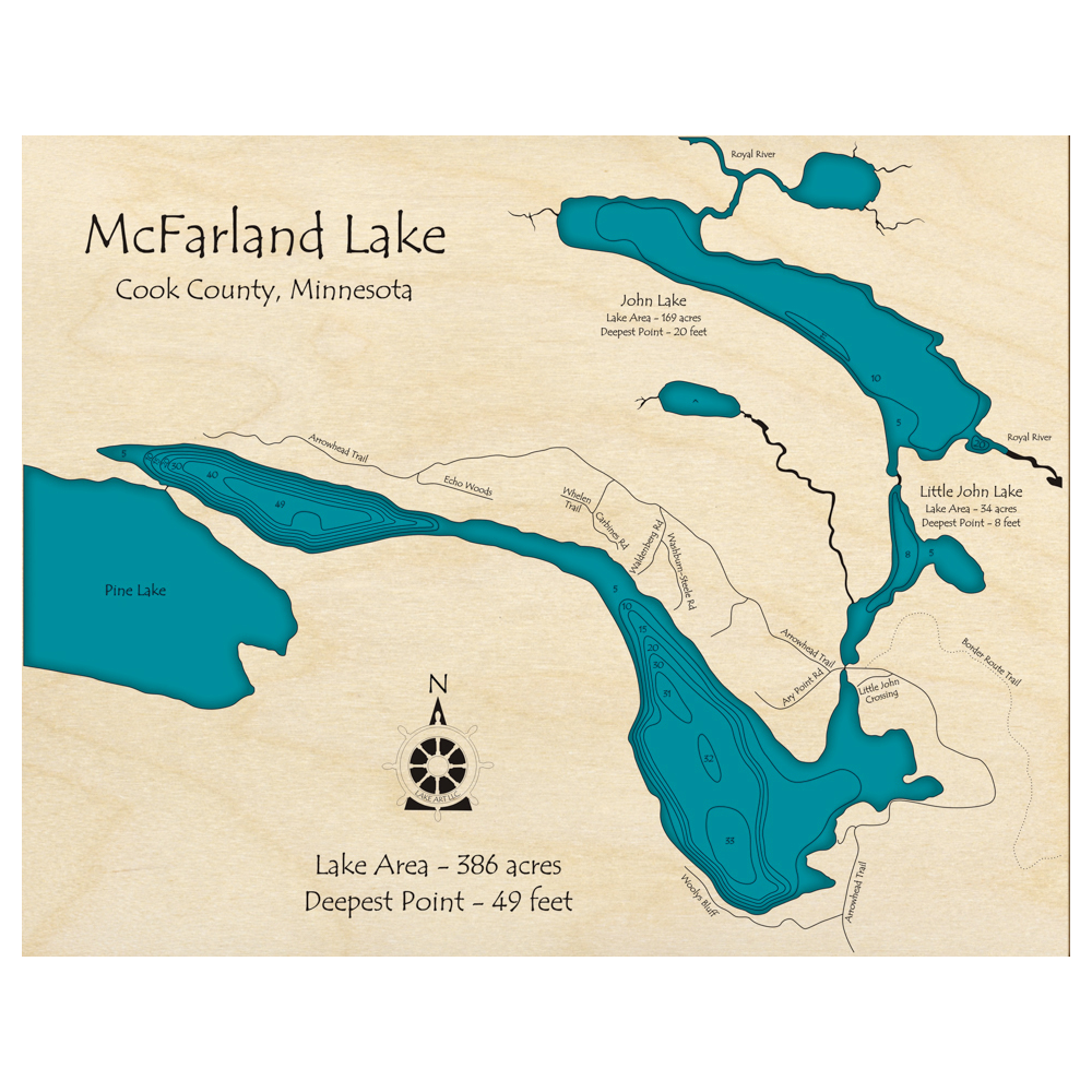 Bathymetric topo map of McFarland Lake, MN with roads, towns and depths noted in blue water.