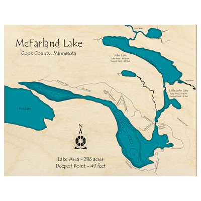 Bathymetric topo map of McFarland Lake, MN with roads, towns and depths noted in blue water.