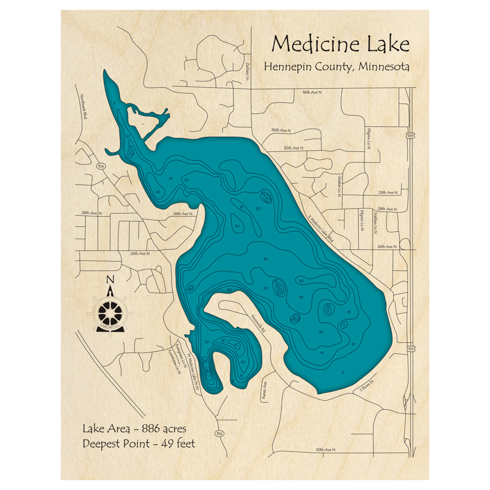 Bathymetric topo map of Medicine Lake, MN with roads, towns and depths noted in blue water.