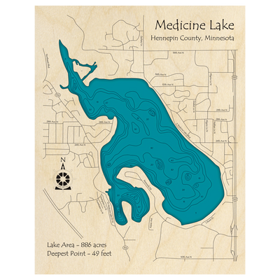 Bathymetric topo map of Medicine Lake, MN with roads, towns and depths noted in blue water.