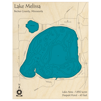 Bathymetric topo map of Lake Melissa, MN with roads, towns and depths noted in blue water.