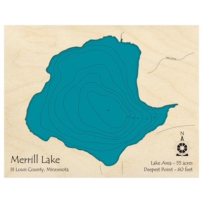 Bathymetric topo map of Merrill Lake, MN with roads, towns and depths noted in blue water.
