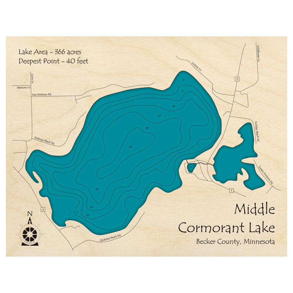 Bathymetric topo map of Middle Cormorant Lake, MN with roads, towns and depths noted in blue water.