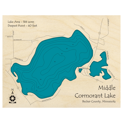 Bathymetric topo map of Middle Cormorant Lake, MN with roads, towns and depths noted in blue water.