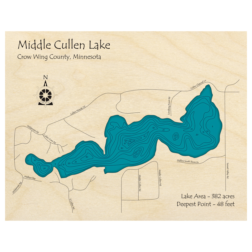 Bathymetric topo map of Cullen Lake, MN with roads, towns and depths noted in blue water.