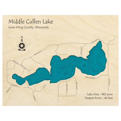 Bathymetric topo map of Cullen Lake, MN with roads, towns and depths noted in blue water.