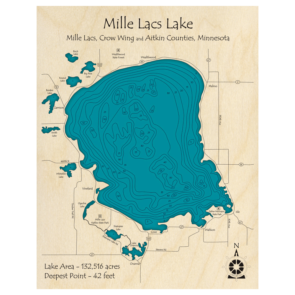 Mille Lacs Lake, Minnesota 3D Custom Wood Map Lake Art LLC