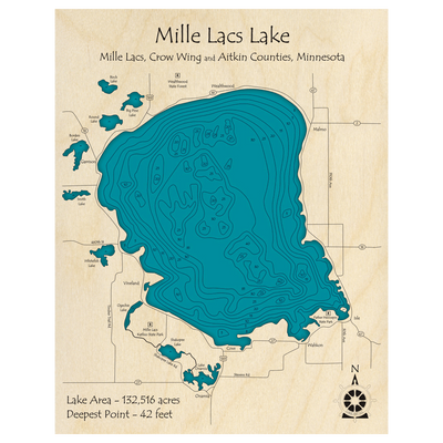 Bathymetric topo map of Mille Lacs Lake, MN with roads, towns and depths noted in blue water.