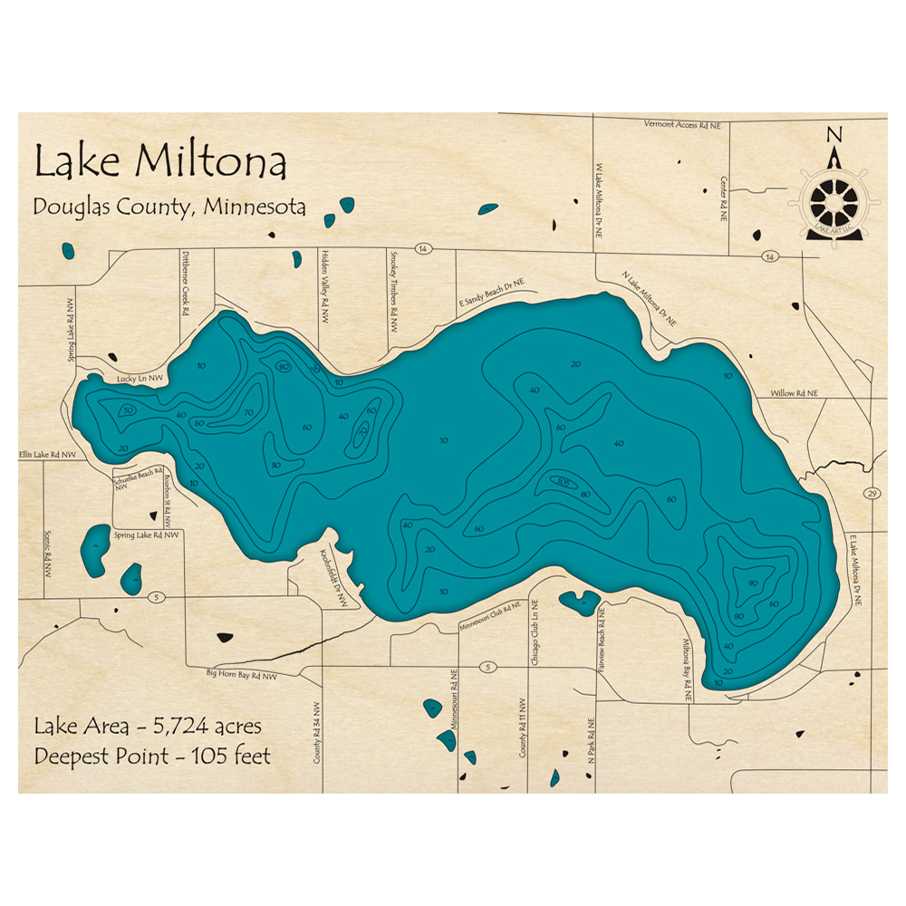 Bathymetric topo map of Lake Miltona, MN with roads, towns and depths noted in blue water.
