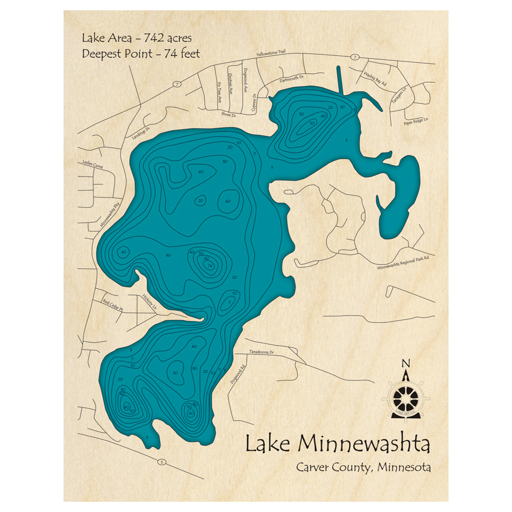 Bathymetric topo map of Lake Minnewashta, MN with roads, towns and depths noted in blue water.