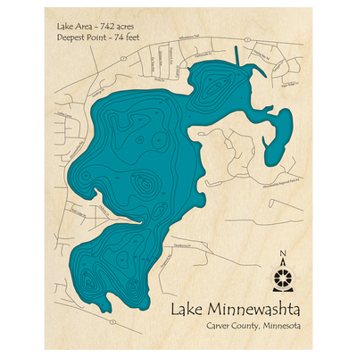 Bathymetric topo map of Lake Minnewashta, MN with roads, towns and depths noted in blue water.