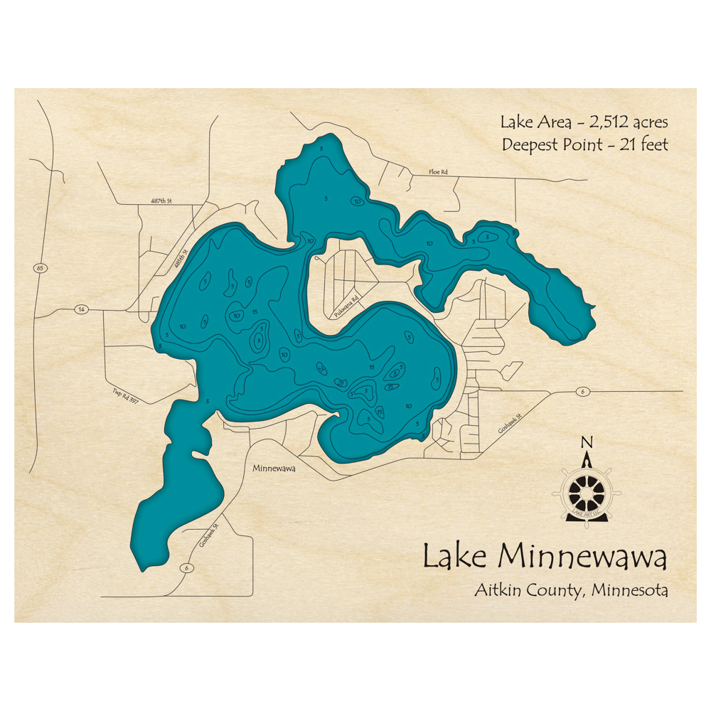 Bathymetric topo map of Lake Minnewawa, MN with roads, towns and depths noted in blue water.