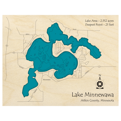 Bathymetric topo map of Lake Minnewawa, MN with roads, towns and depths noted in blue water.