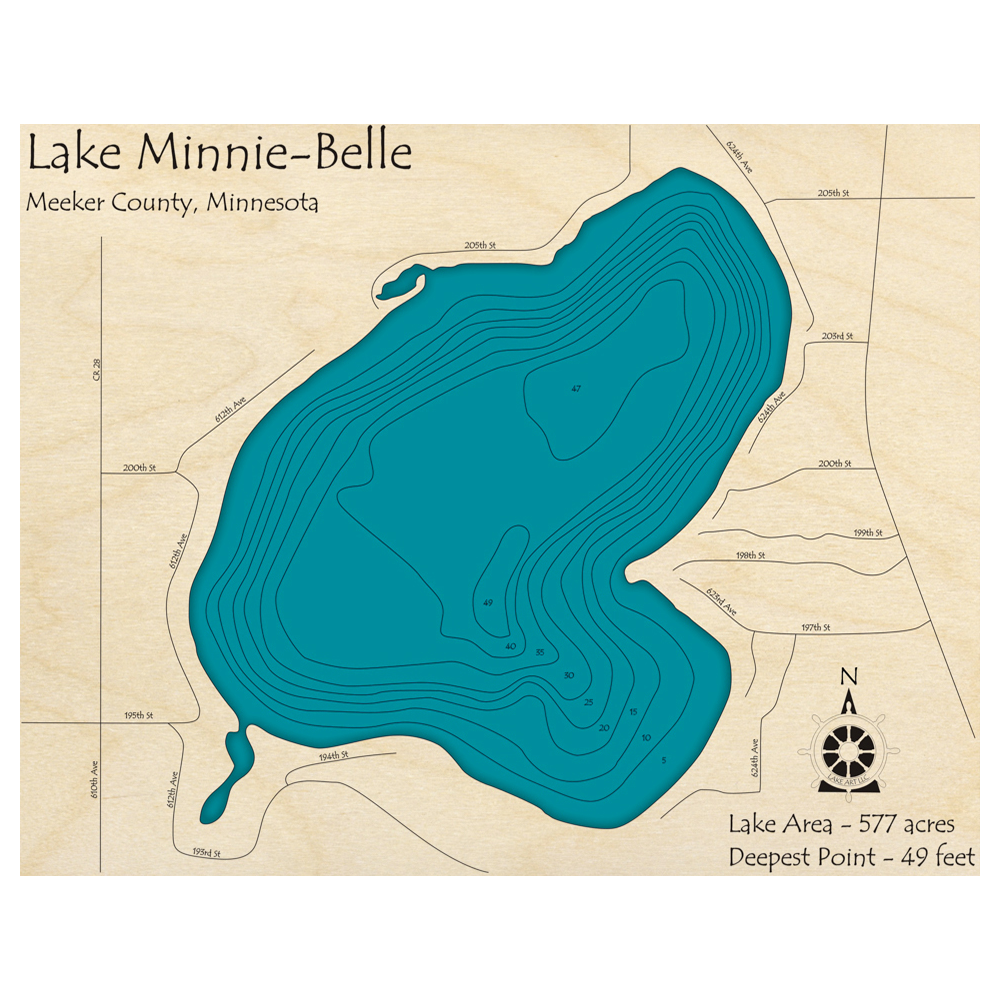 Bathymetric topo map of Lake Minnie Belle, MN with roads, towns and depths noted in blue water.