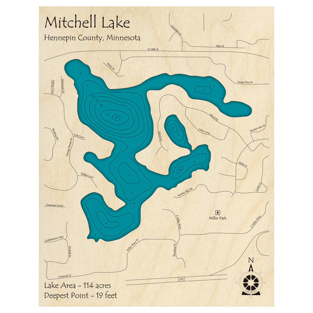 Bathymetric topo map of Mitchell Lake, MN with roads, towns and depths noted in blue water.