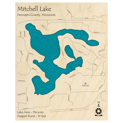 Bathymetric topo map of Mitchell Lake, MN with roads, towns and depths noted in blue water.