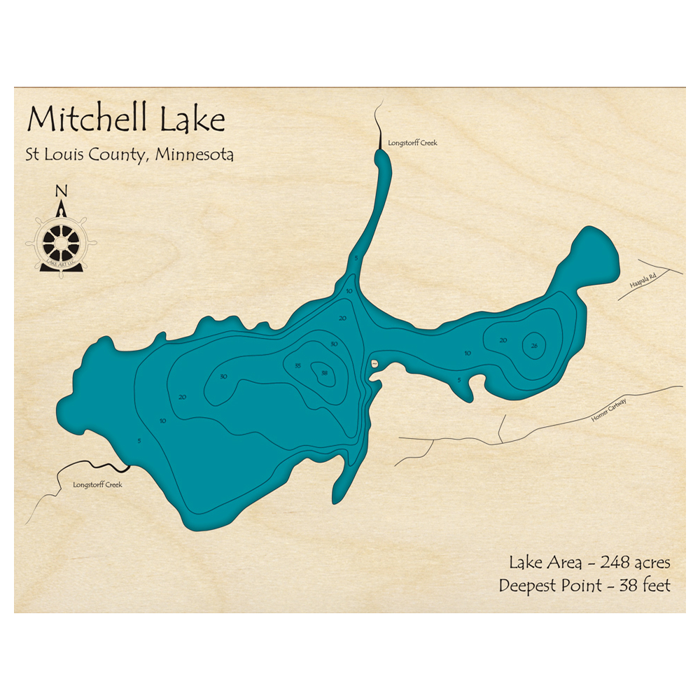 Bathymetric topo map of Mitchell Lake, MN with roads, towns and depths noted in blue water.