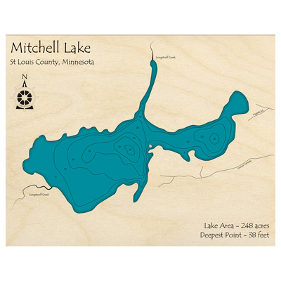 Bathymetric topo map of Mitchell Lake, MN with roads, towns and depths noted in blue water.