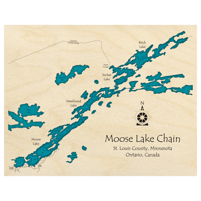 Bathymetric topo map of Moose Lake Chain, MN with roads, towns and depths noted in blue water.