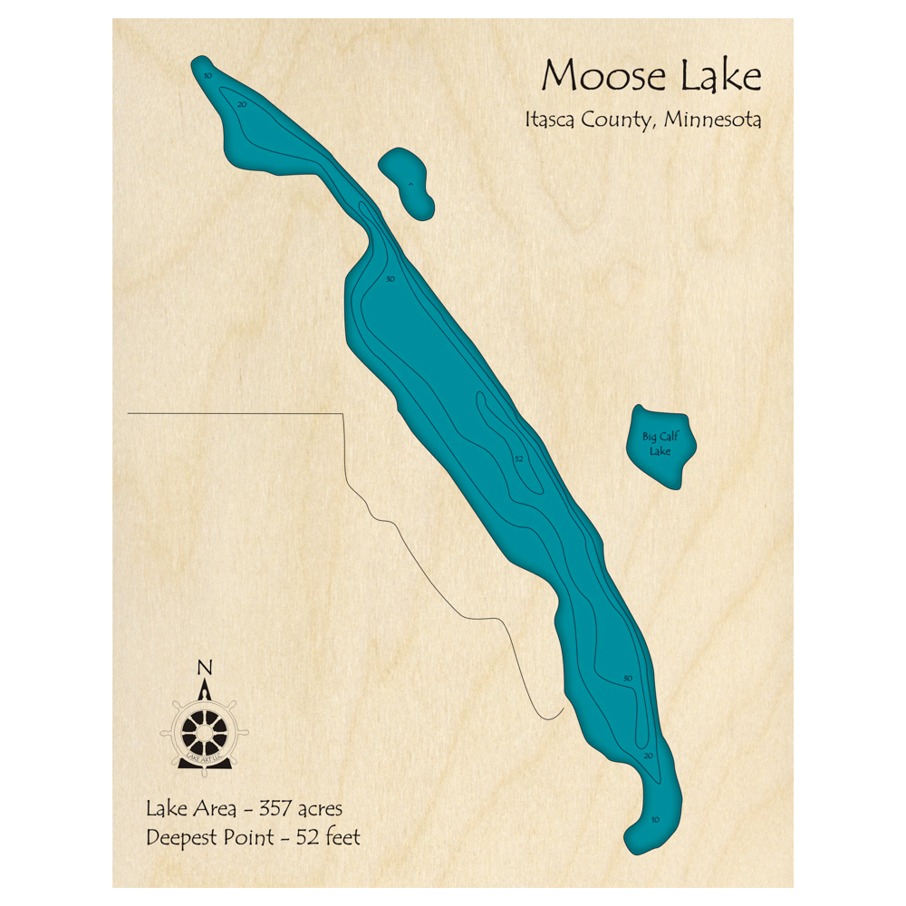 Bathymetric topo map of Moose Lake, MN with roads, towns and depths noted in blue water.
