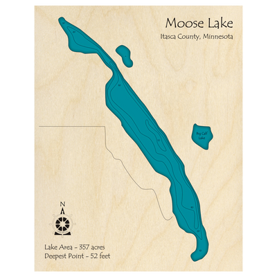 Bathymetric topo map of Moose Lake, MN with roads, towns and depths noted in blue water.