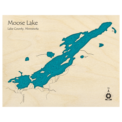 Bathymetric topo map of Moose Lake, MN with roads, towns and depths noted in blue water.
