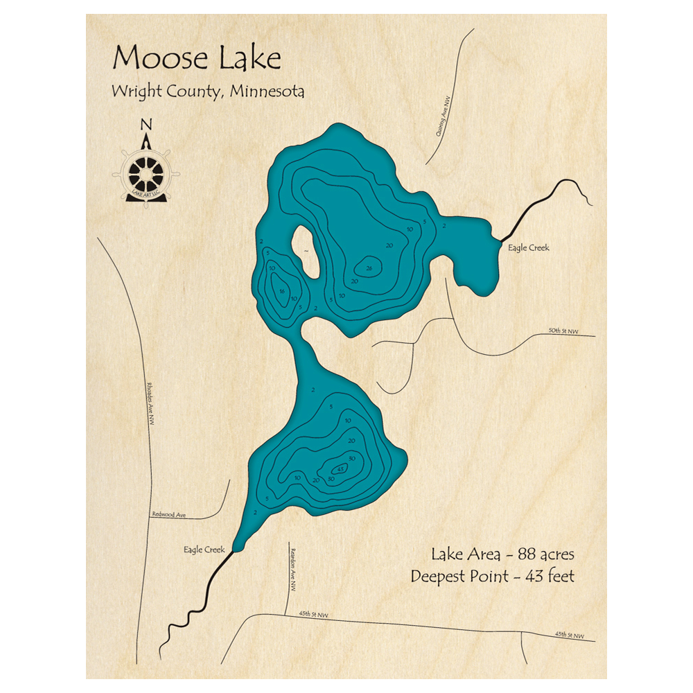 Bathymetric topo map of Moose Lake, MN with roads, towns and depths noted in blue water.