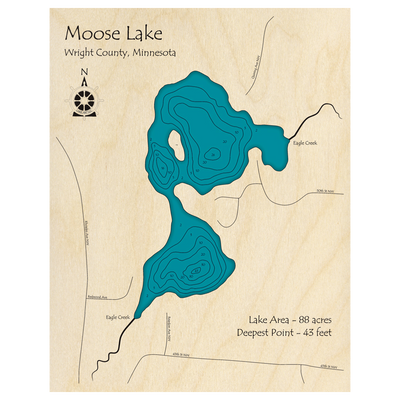 Bathymetric topo map of Moose Lake, MN with roads, towns and depths noted in blue water.