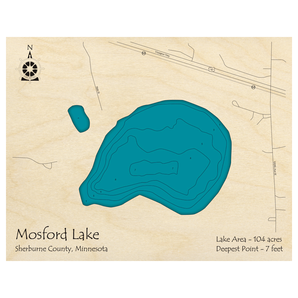 Bathymetric topo map of Mosford Lake, MN with roads, towns and depths noted in blue water.