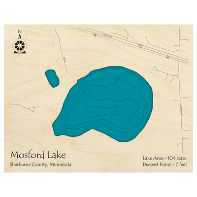 Bathymetric topo map of Mosford Lake, MN with roads, towns and depths noted in blue water.