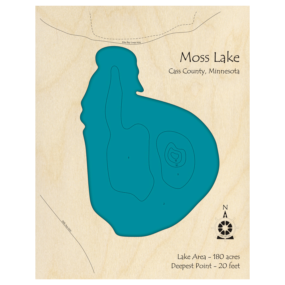 Bathymetric topo map of Moss Lake, MN with roads, towns and depths noted in blue water.