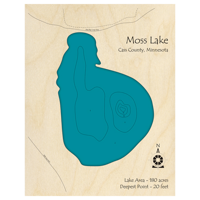 Bathymetric topo map of Moss Lake, MN with roads, towns and depths noted in blue water.