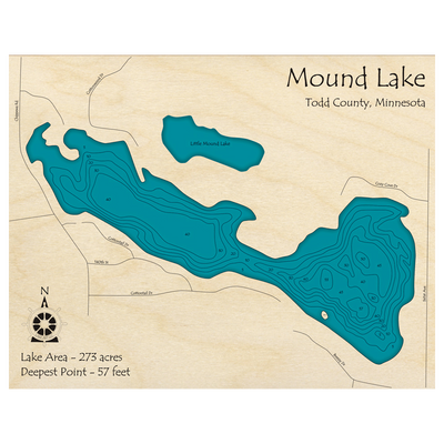 Bathymetric topo map of Mound Lake, MN with roads, towns and depths noted in blue water.
