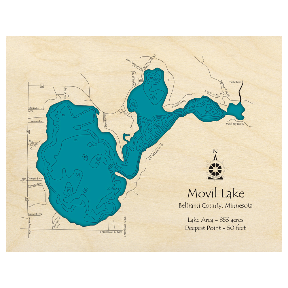 Bathymetric topo map of Movil Lake, MN with roads, towns and depths noted in blue water.