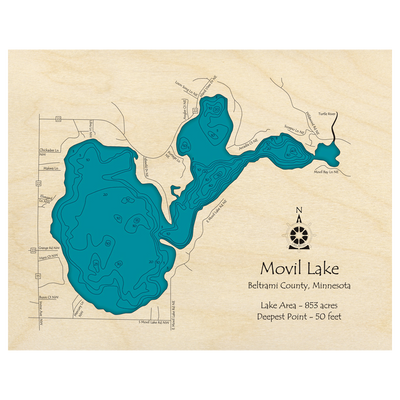 Bathymetric topo map of Movil Lake, MN with roads, towns and depths noted in blue water.